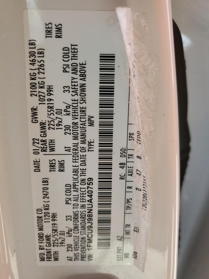 2022 FORD ESCAPE TITANIUM VIN:1FMCU9J98NUA40759