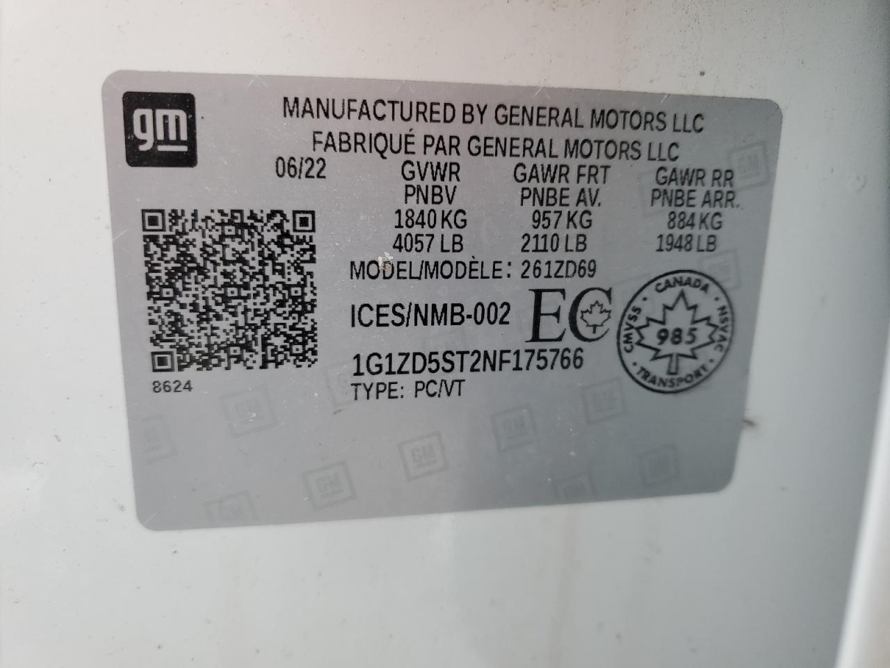 2022 CHEVROLET MALIBU LT VIN:1G1ZD5ST2NF175766