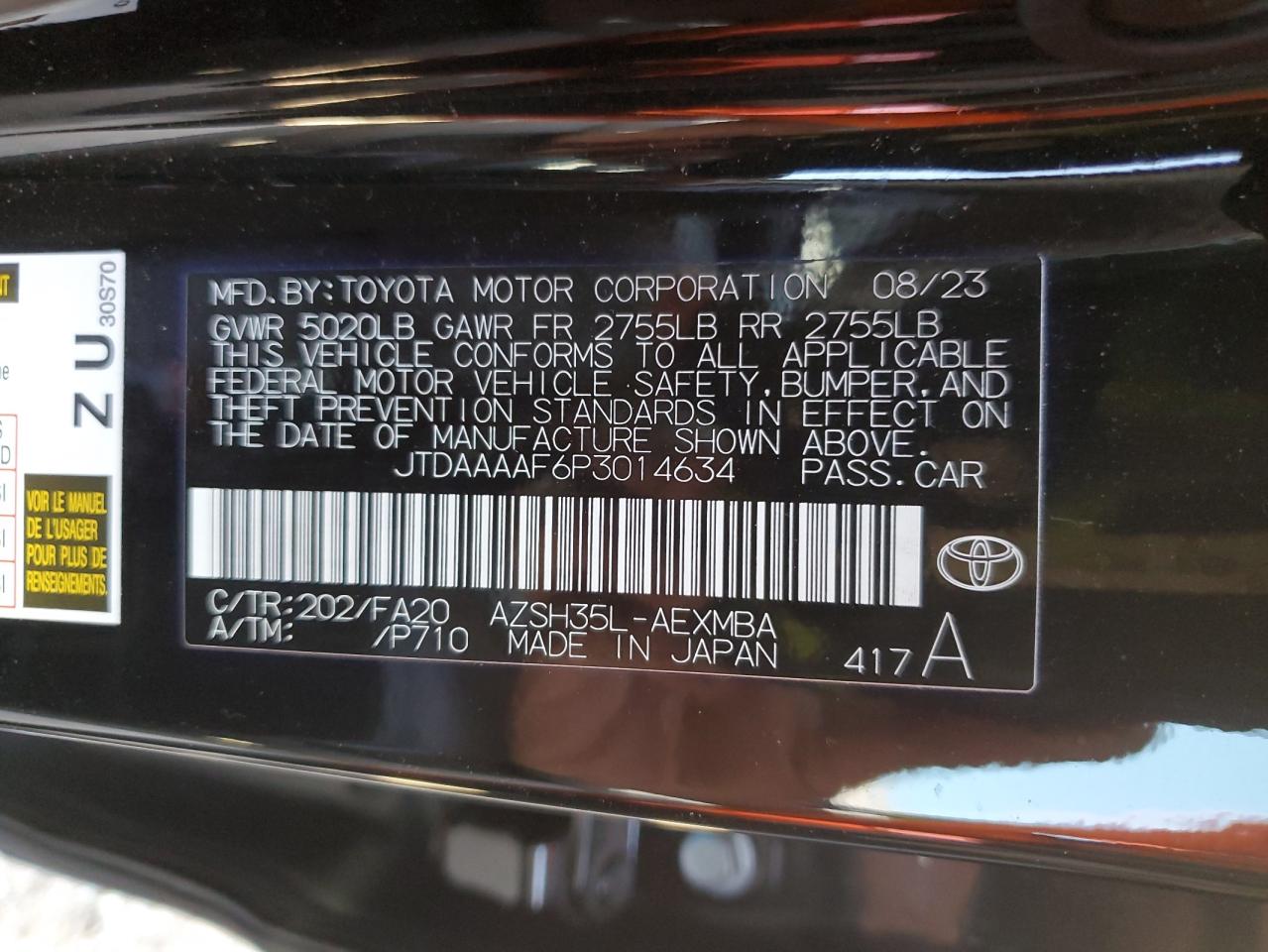 2023 TOYOTA CROWN XLE VIN:JTDAAAAF6P3014634