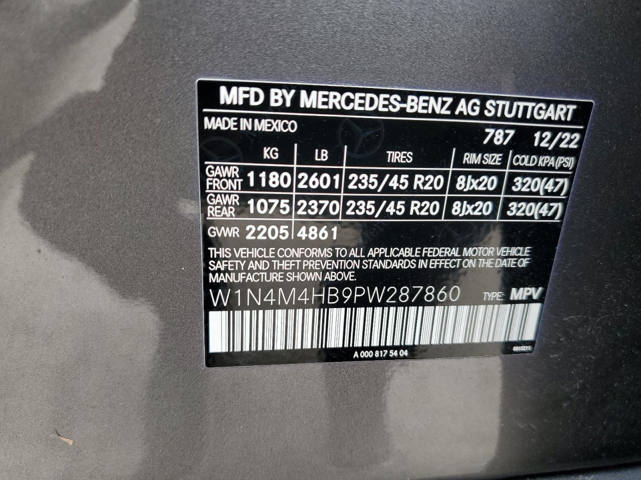 2023 MERCEDES-BENZ GLB 250 4MATIC VIN:W1N4M4HB9PW287860