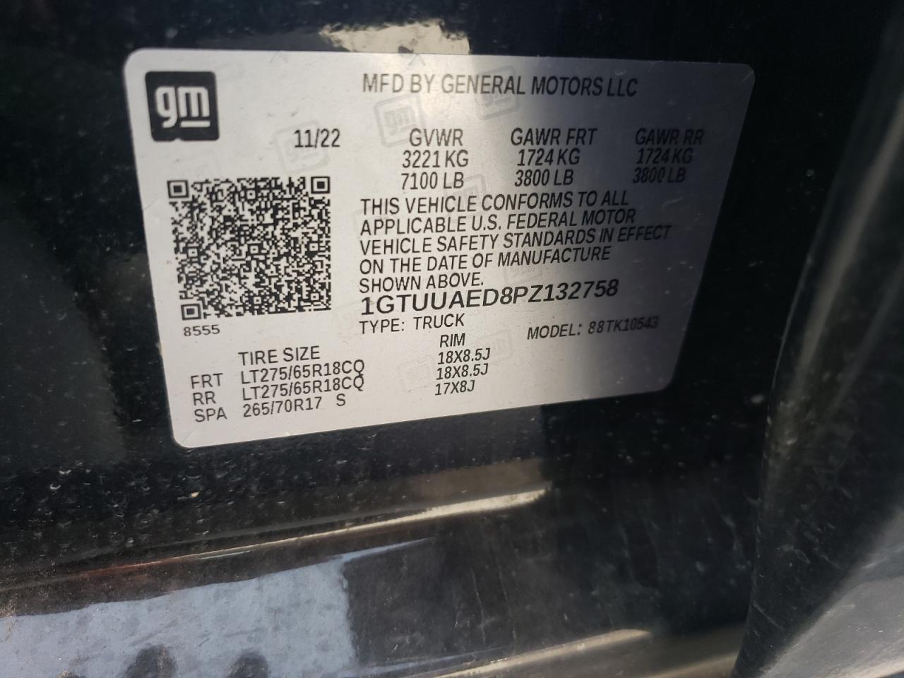 2023 GMC SIERRA K1500 VIN:1GTUUAED8PZ132758