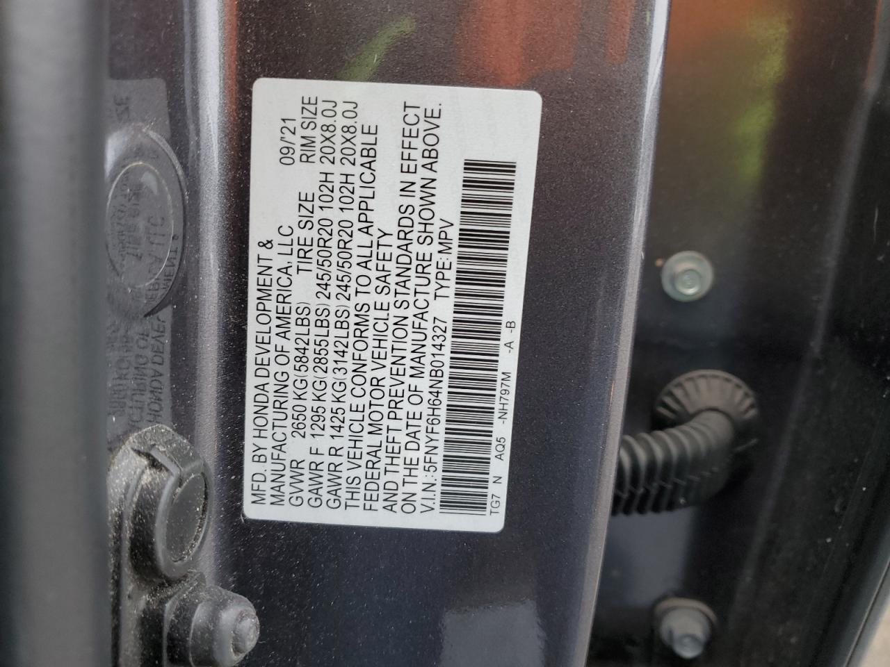 2022 HONDA PILOT TOURING VIN:5FNYF6H64NB014327