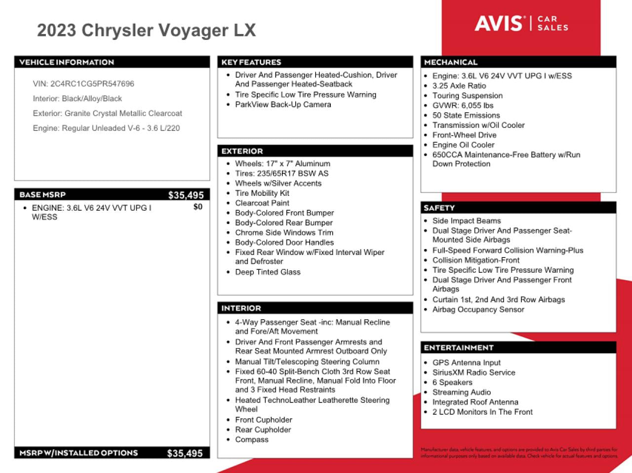 2023 CHRYSLER VOYAGER LX VIN:2C4RC1CG5PR547696