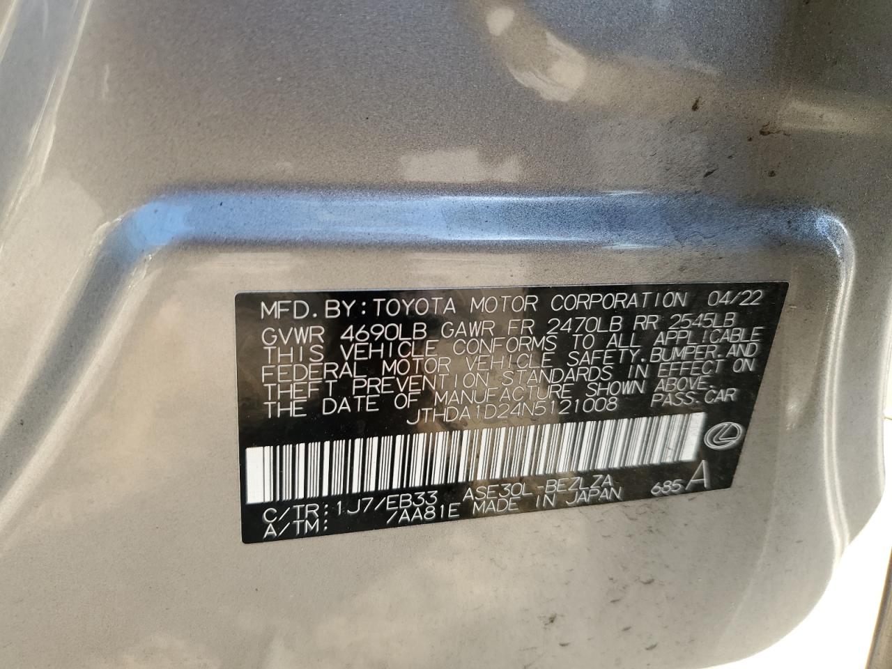 2022 LEXUS IS 300 VIN:JTHDA1D24N5121008