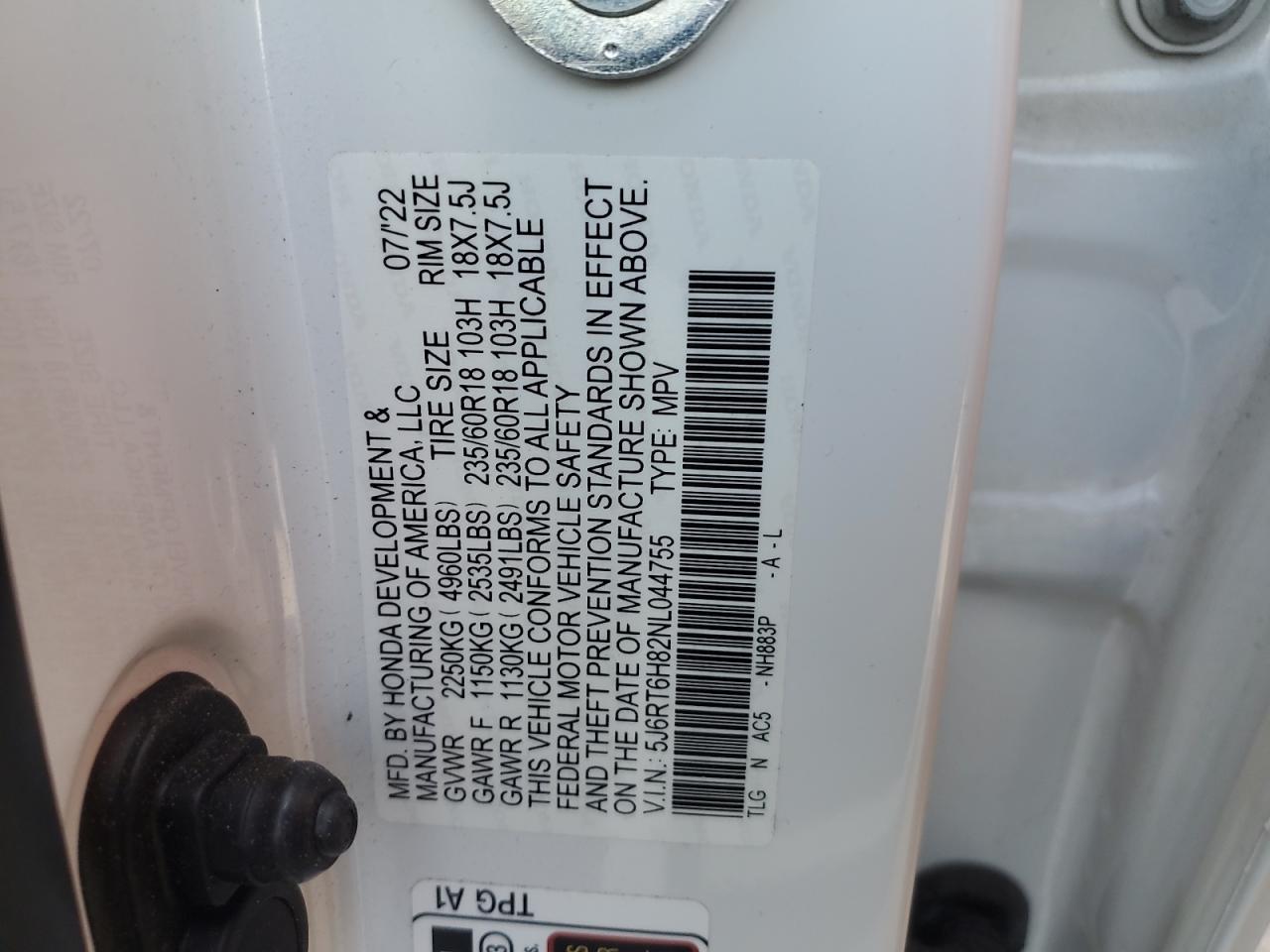 2022 HONDA CR-V EXL VIN:5J6RT6H82NL044755