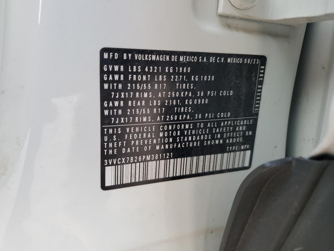 2023 VOLKSWAGEN TAOS S VIN:3VVCX7B26PM381121