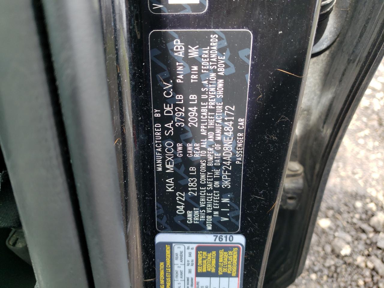 2022 KIA FORTE FE VIN:3KPF24AD8NE484172