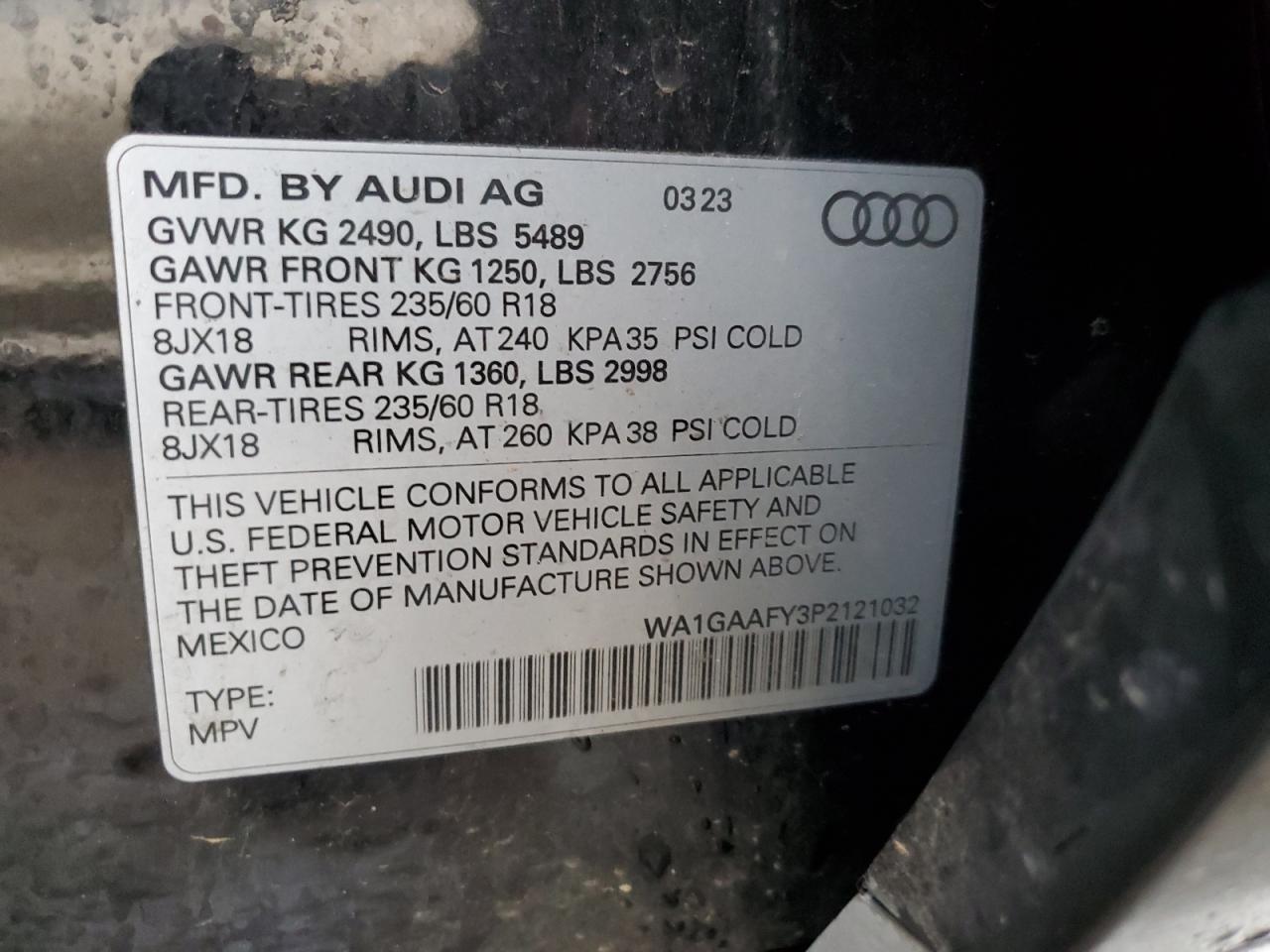 2023 AUDI Q5 PREMIUM 45 VIN:WA1GAAFY3P2121032