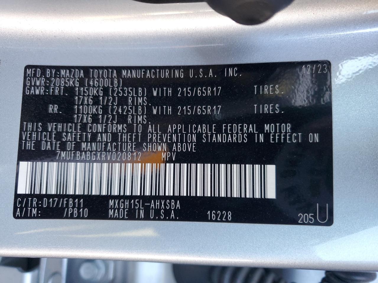 2024 TOYOTA COROLLA CROSS SE VIN:7MUFBABGXRV020812