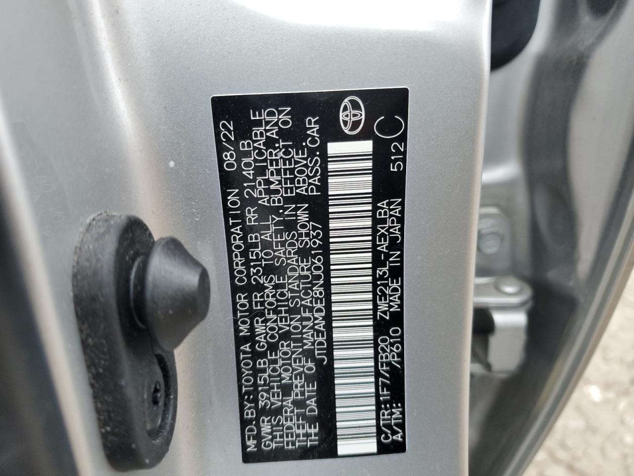 2022 TOYOTA COROLLA LE VIN:JTDEAMDE8NJ061937