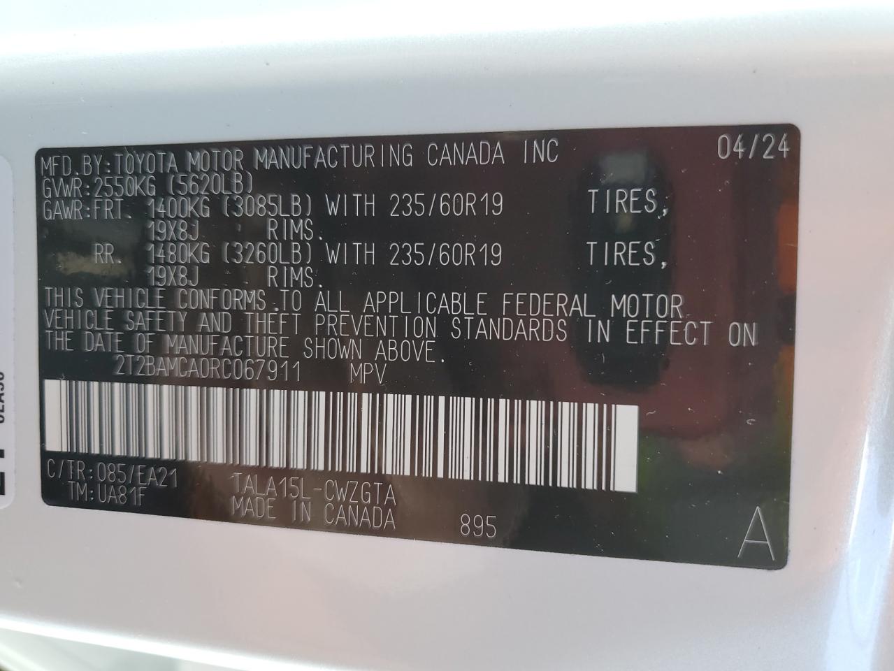 2024 LEXUS RX 350 BASE VIN:2T2BAMCA0RC067911
