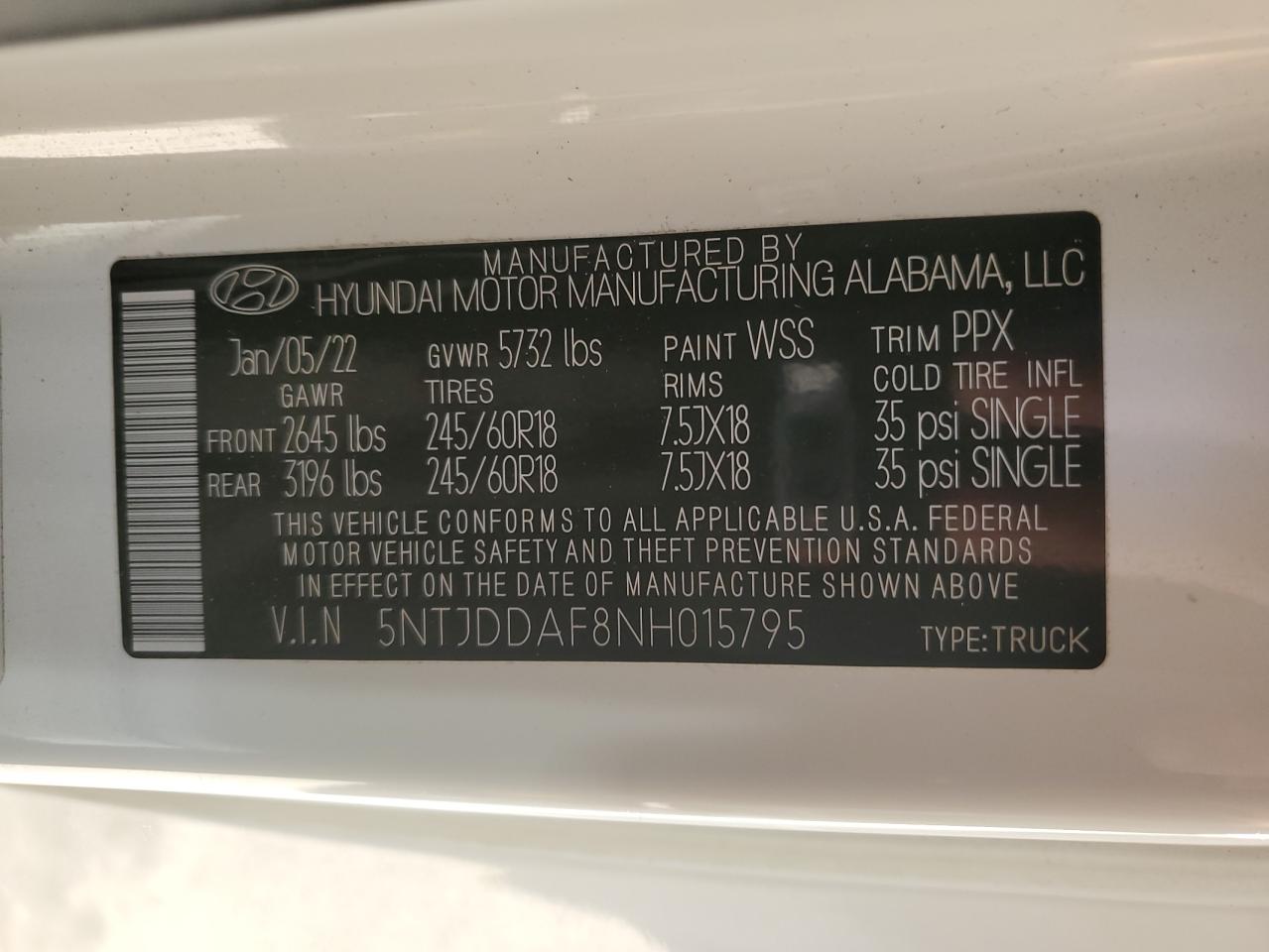 2022 HYUNDAI SANTA CRUZ SEL PREMIUM VIN:5NTJDDAF8NH015795