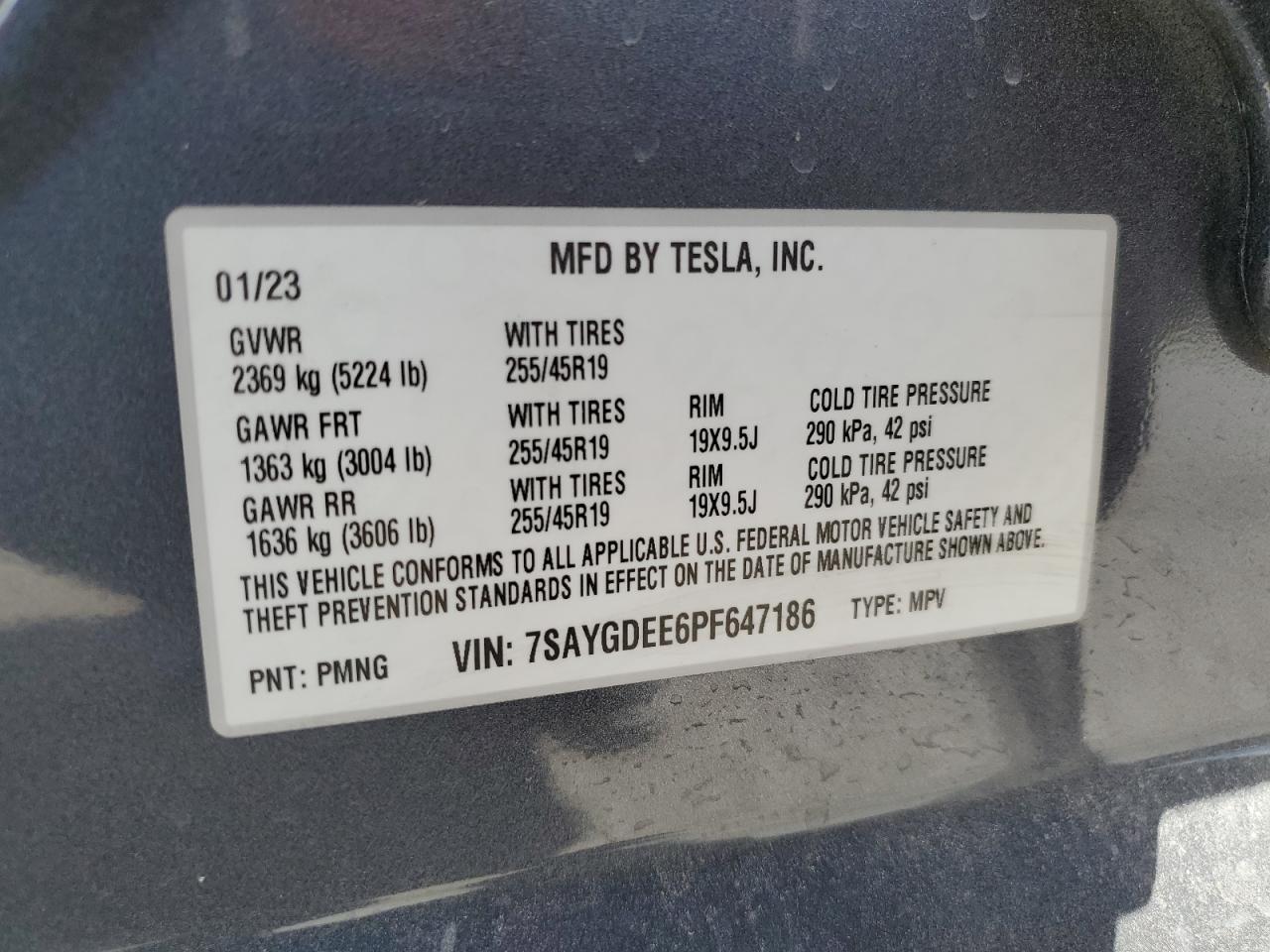 2023 TESLA MODEL Y  VIN:7SAYGDEE6PF647186