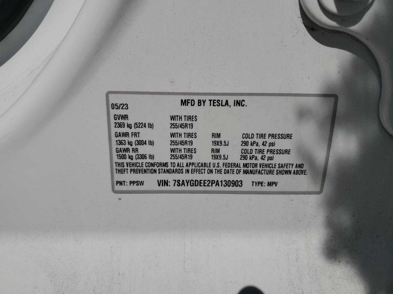 2023 TESLA MODEL Y  VIN:7SAYGDEE2PA130903