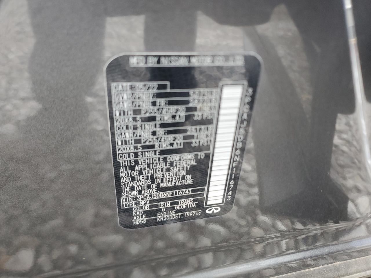 2022 INFINITI QX50 AUTOGRAPH VIN:3PCAJ5DB6NF116743