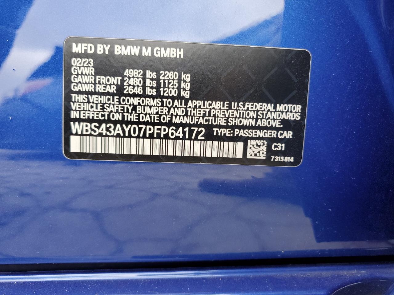 2023 BMW M3 COMPETITION VIN:WBS43AY07PFP64172