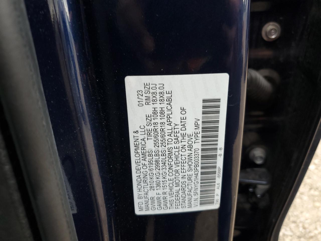 2023 HONDA PILOT EXL VIN:5FNYG1H43PB003370