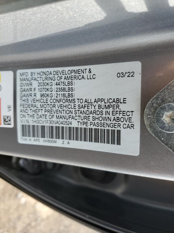 2022 HONDA ACCORD SPORT VIN:1HGCV1F30NA040524