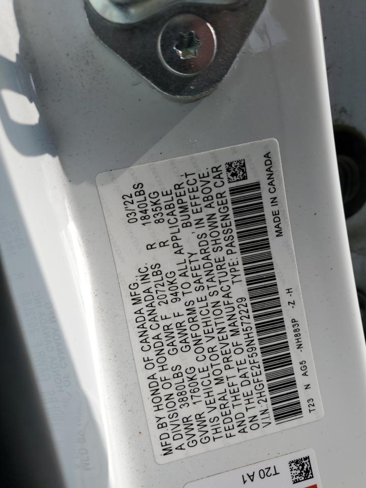 2022 HONDA CIVIC SPORT VIN:2HGFE2F59NH572229