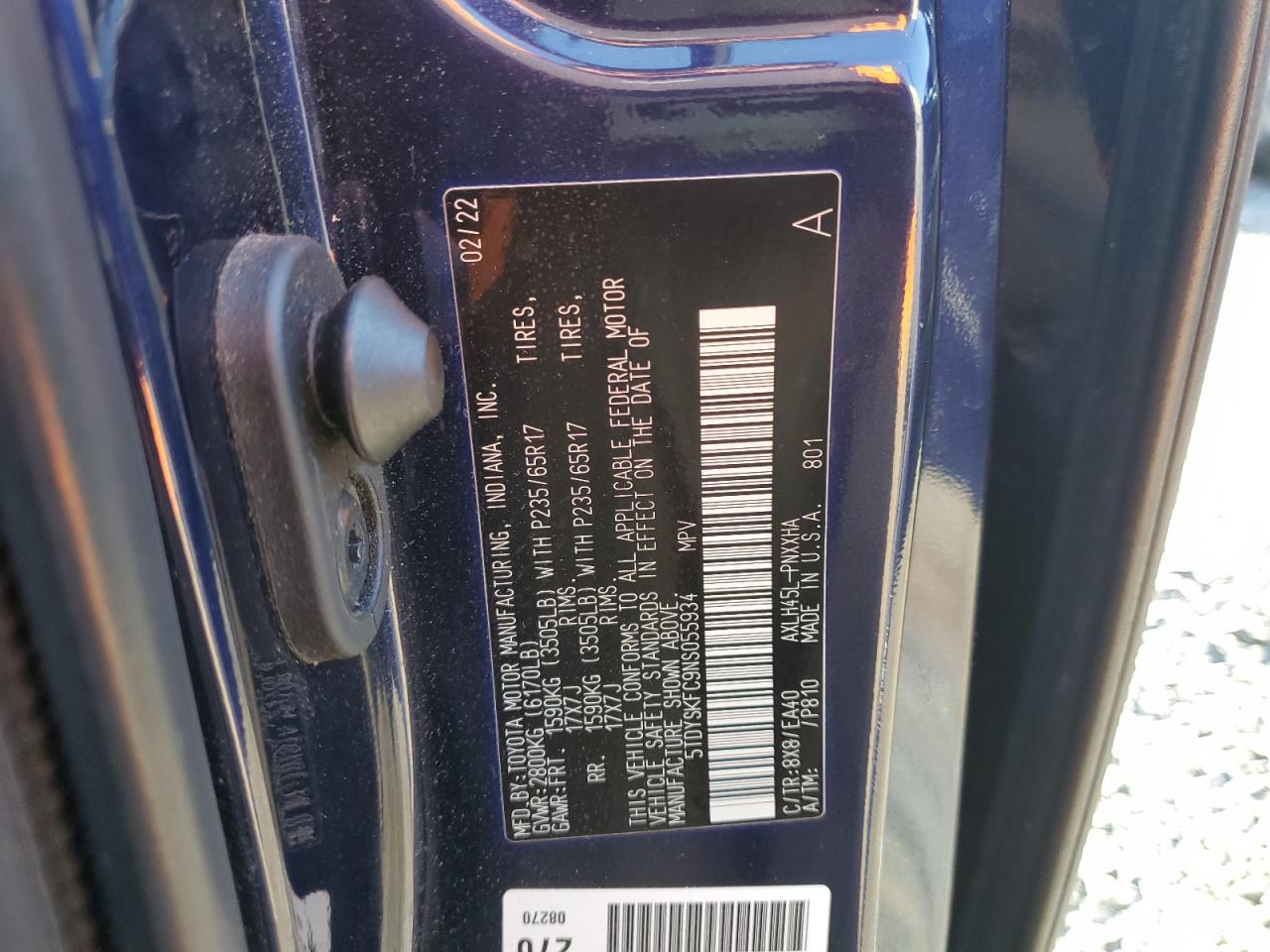 2022 TOYOTA SIENNA XLE VIN:5TDYSKFC9NS055934