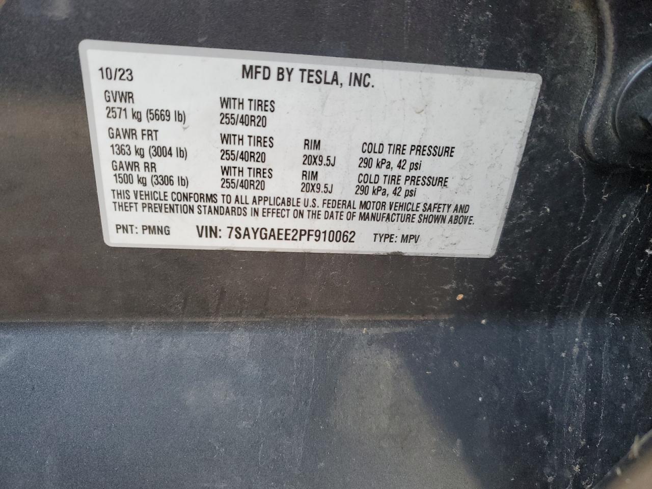 2023 TESLA MODEL Y  VIN:7SAYGAEE2PF910062
