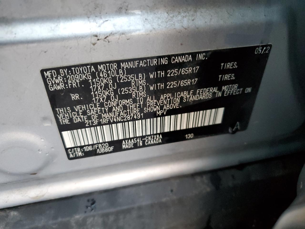 2022 TOYOTA RAV4 LE VIN:2T3F1RFV4NC287491