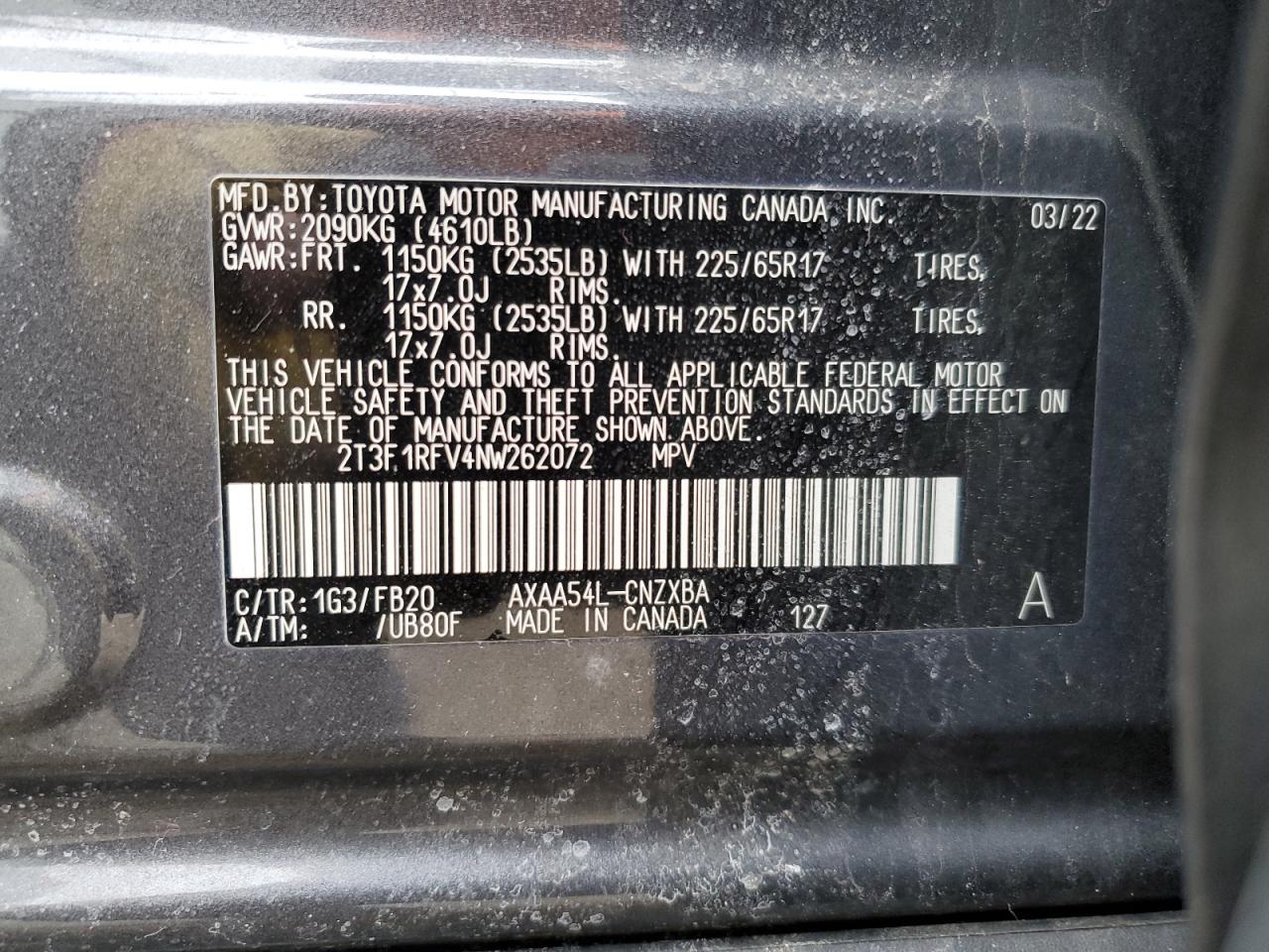 2022 TOYOTA RAV4 LE VIN:2T3F1RFV4NW262072