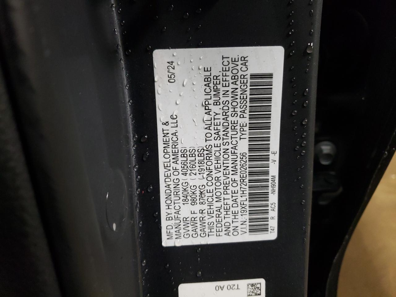 2024 HONDA CIVIC EXL VIN:19XFL1H72RE026256