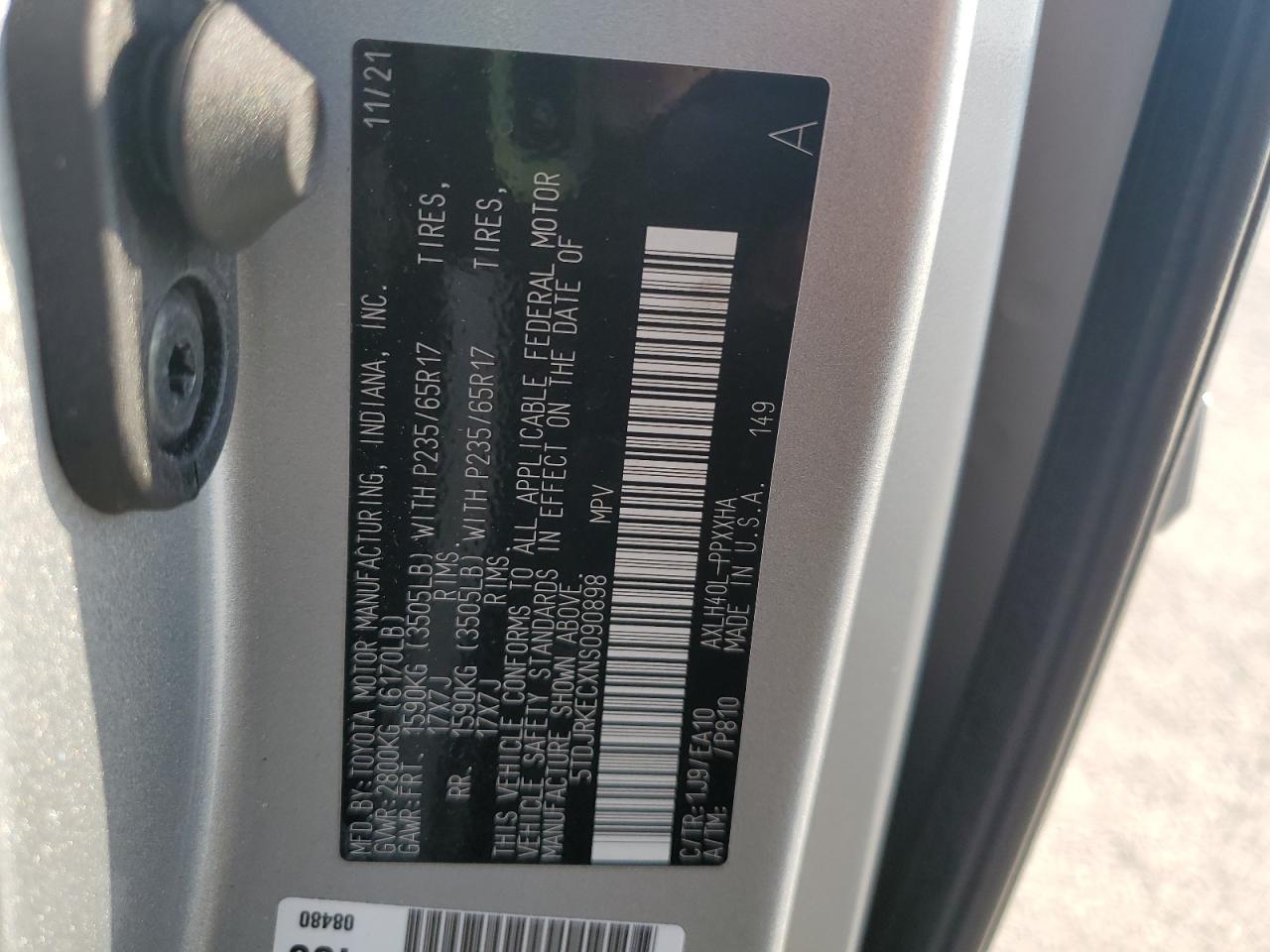 2022 TOYOTA SIENNA XLE VIN:5TDJRKECXNS090898