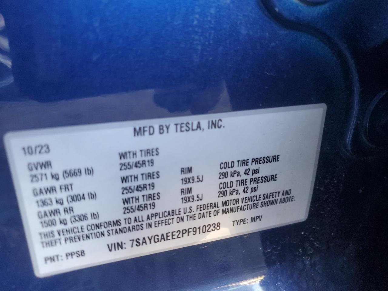 2023 TESLA MODEL Y  VIN:7SAYGAEE2PF910238