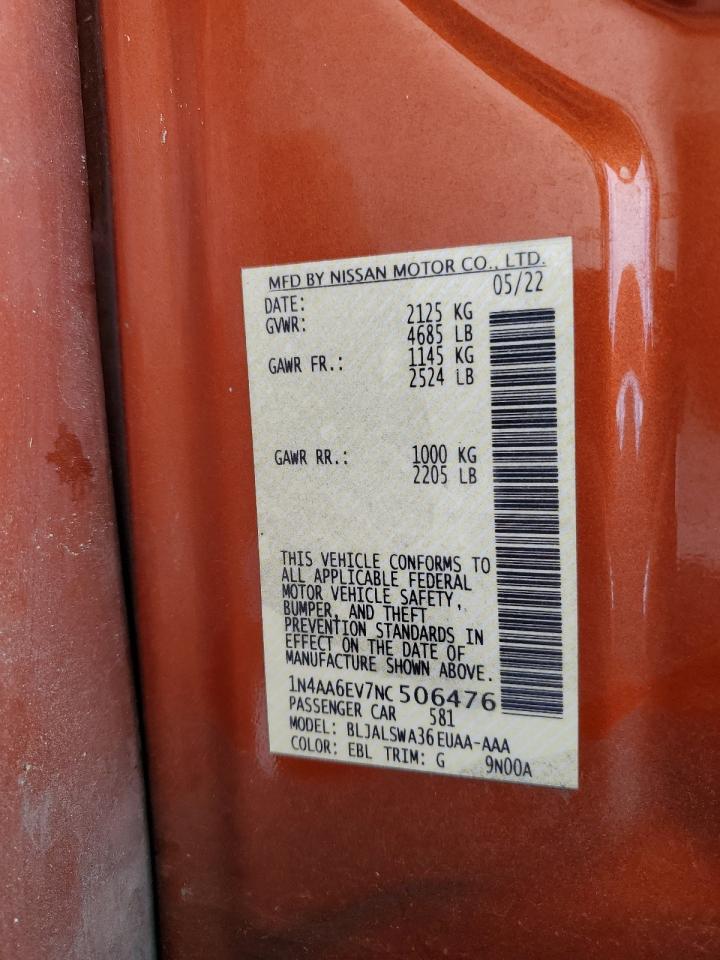 2022 NISSAN MAXIMA SR VIN:1N4AA6EV7NC506476