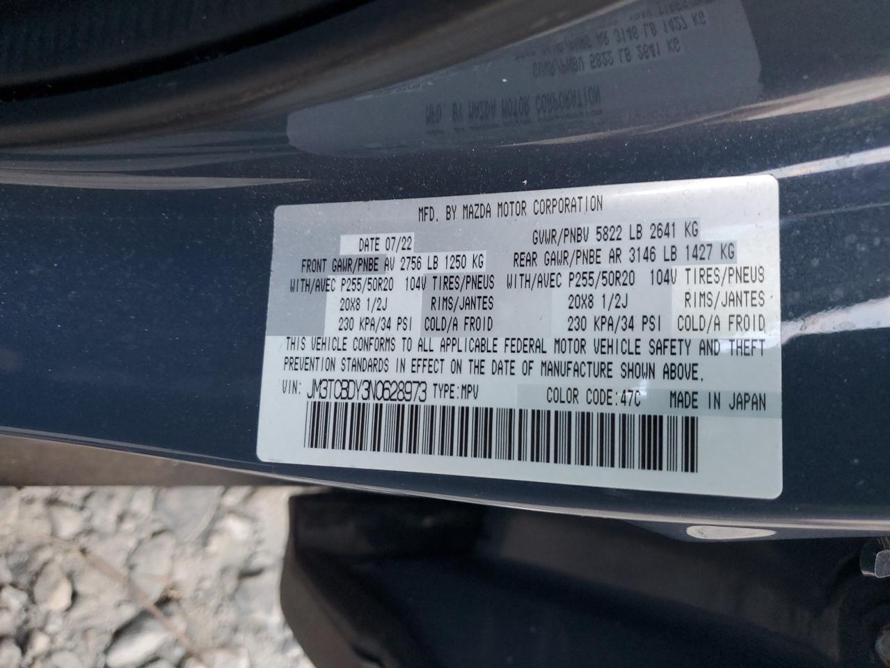 2022 MAZDA CX-9 GRAND TOURING VIN:JM3TCBDY3N0628973