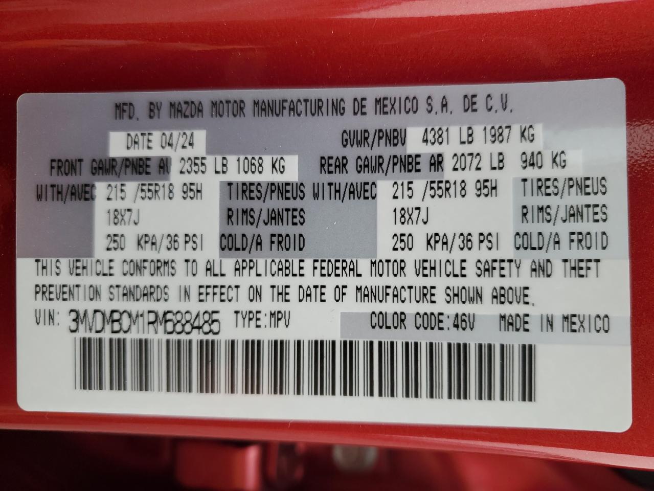 2024 MAZDA CX-30 PREFERRED VIN:3MVDMBCM1RM688485