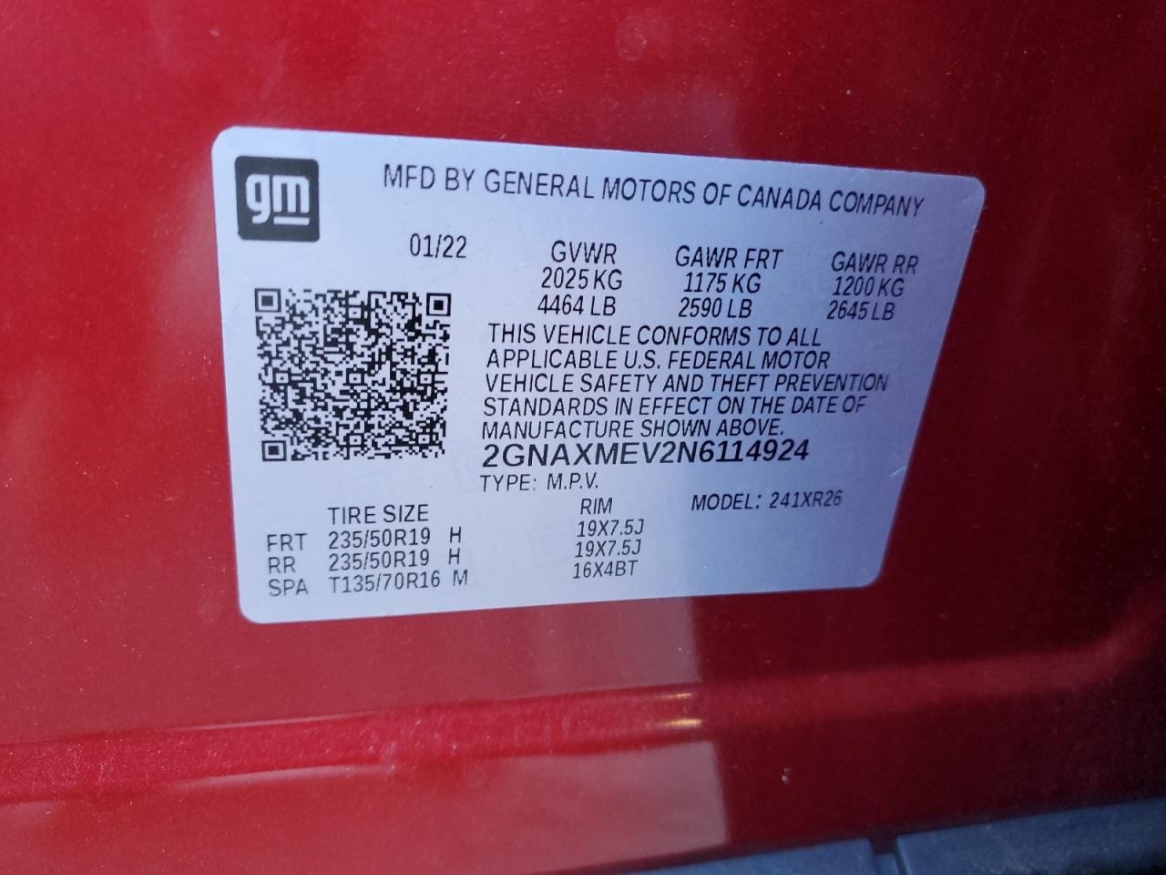 2022 CHEVROLET EQUINOX RS VIN:2GNAXMEV2N6114924