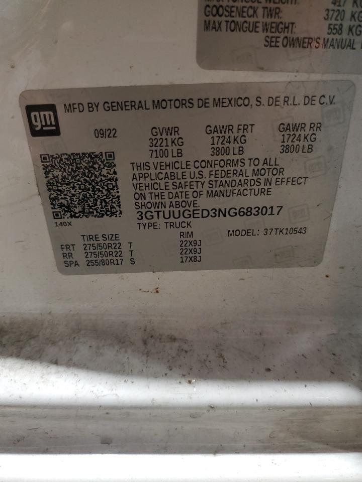 2022 GMC SIERRA K1500 DENALI VIN:3GTUUGED3NG683017