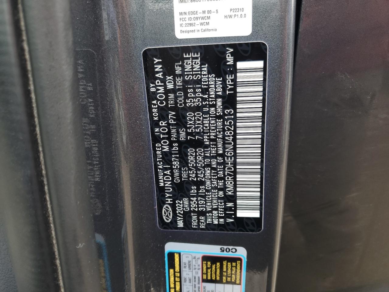 2022 HYUNDAI PALISADE CALLIGRAPHY VIN:KM8R7DHE6NU482513