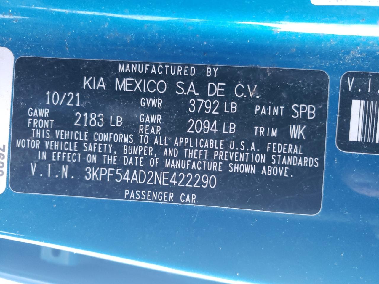 2022 KIA FORTE GT LINE VIN:3KPF54AD2NE422290