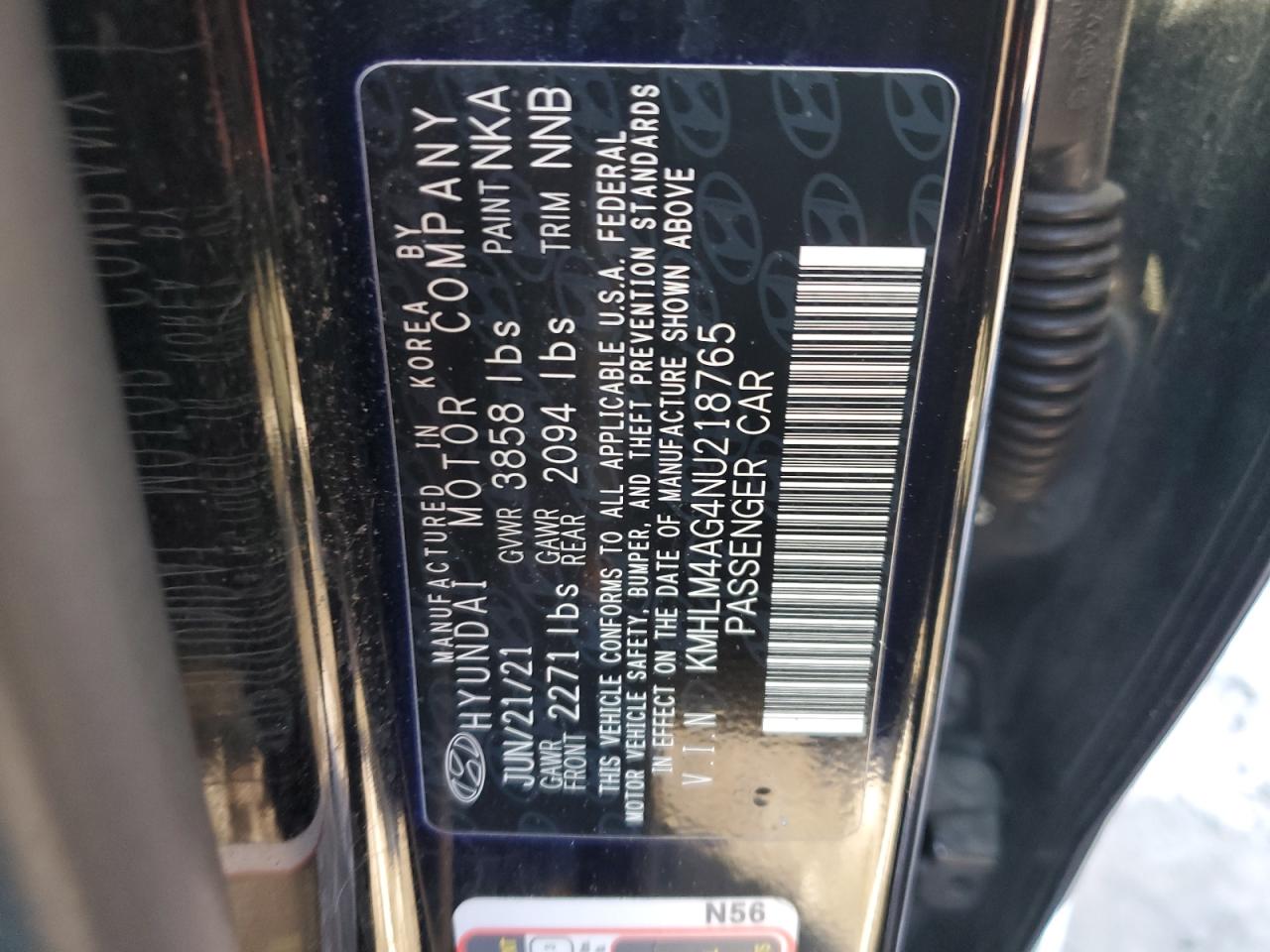 2022 HYUNDAI ELANTRA SEL VIN:KMHLM4AG4NU218765