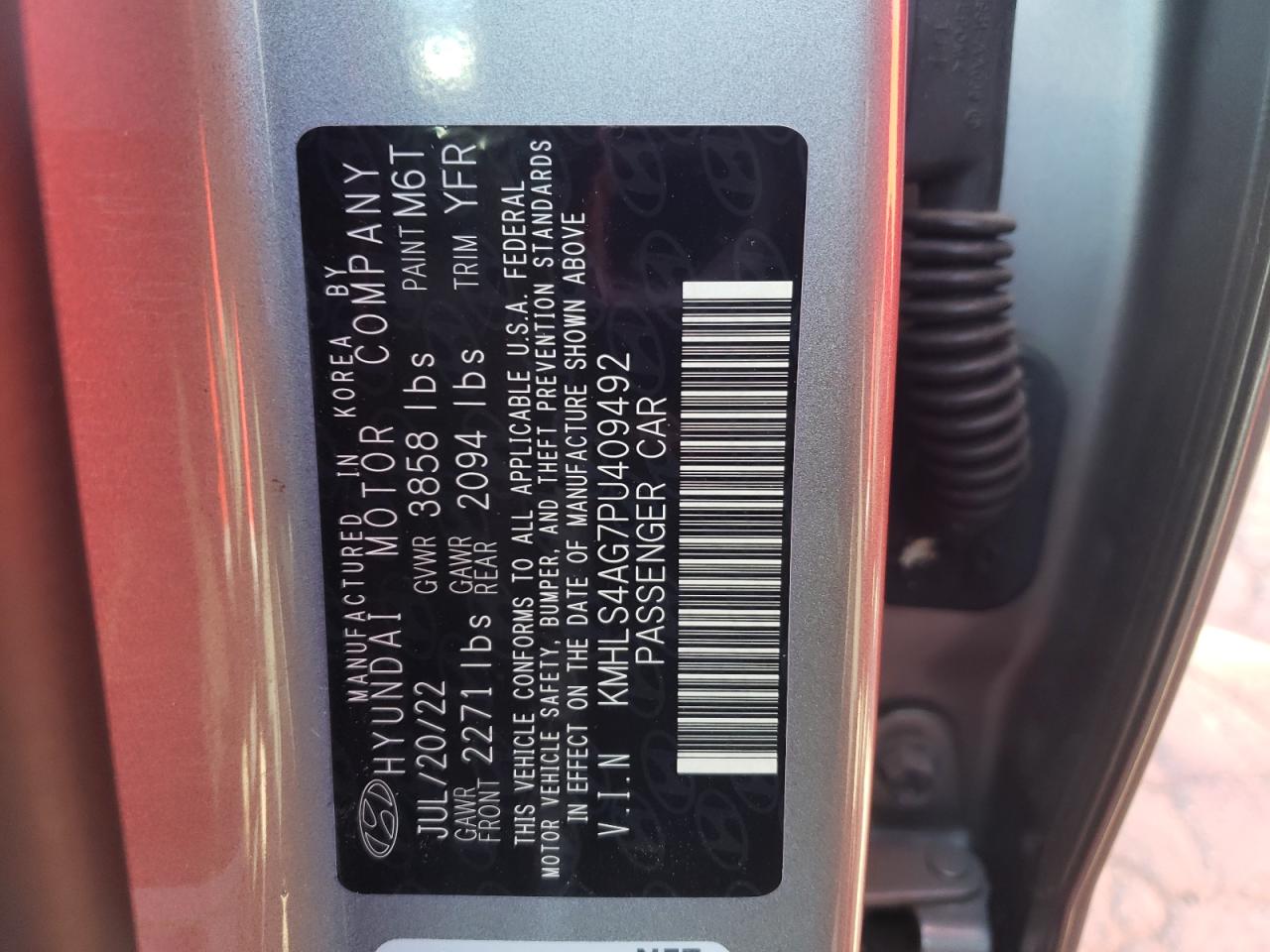 2023 HYUNDAI ELANTRA SEL VIN:KMHLS4AG7PU409492