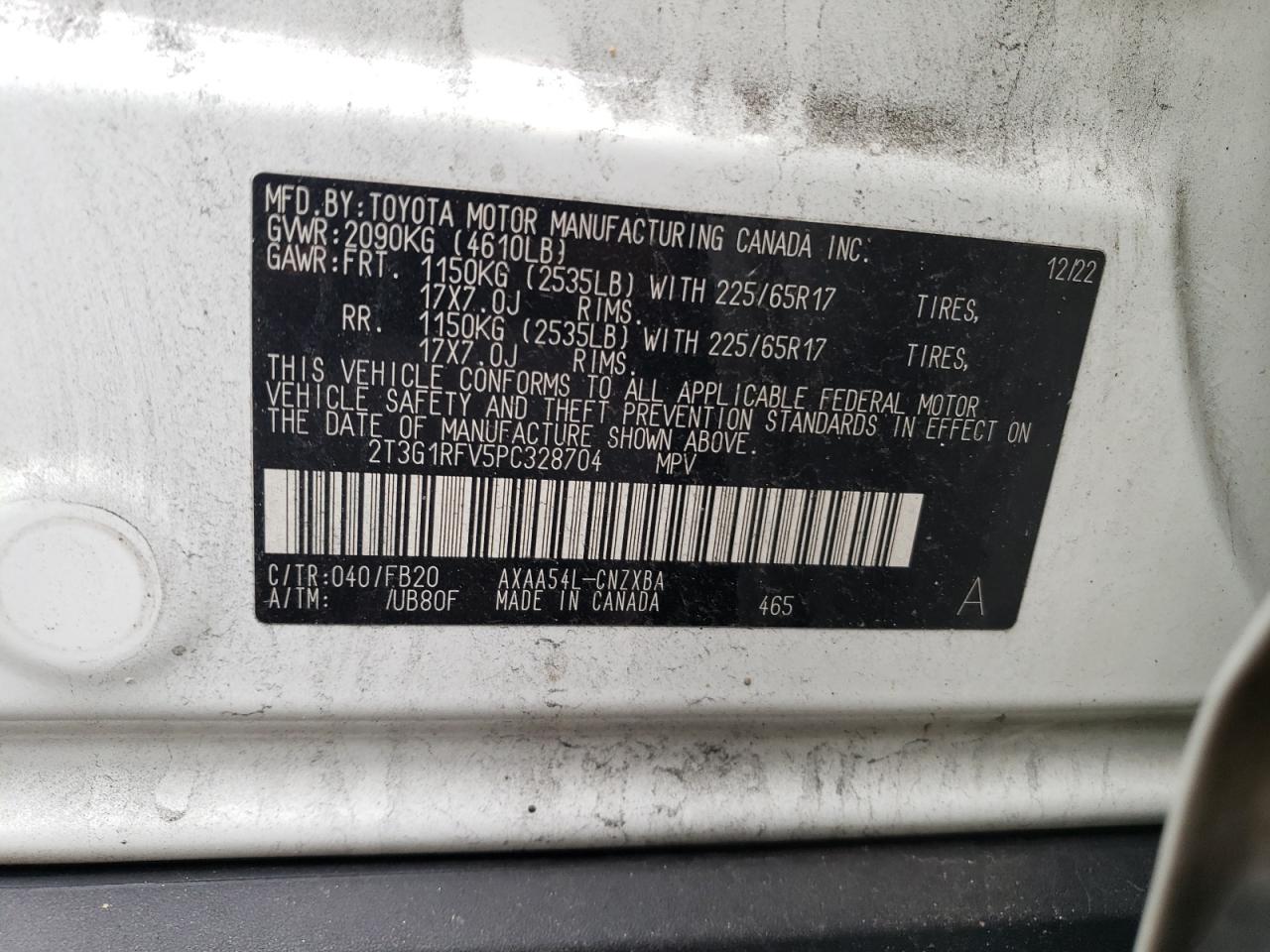 2023 TOYOTA RAV4 LE VIN:2T3G1RFV5PC328704