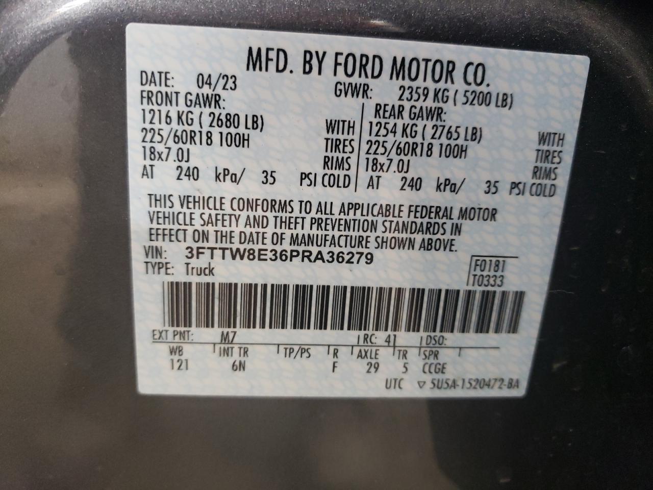 2023 FORD MAVERICK XL VIN:3FTTW8E36PRA36279