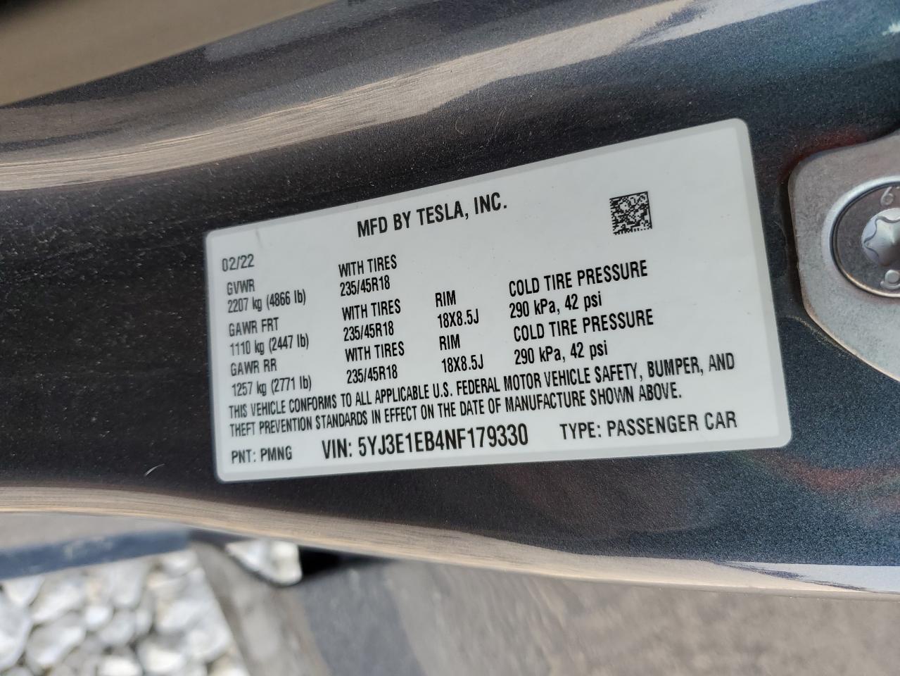 2022 TESLA MODEL 3  VIN:5YJ3E1EB4NF179330
