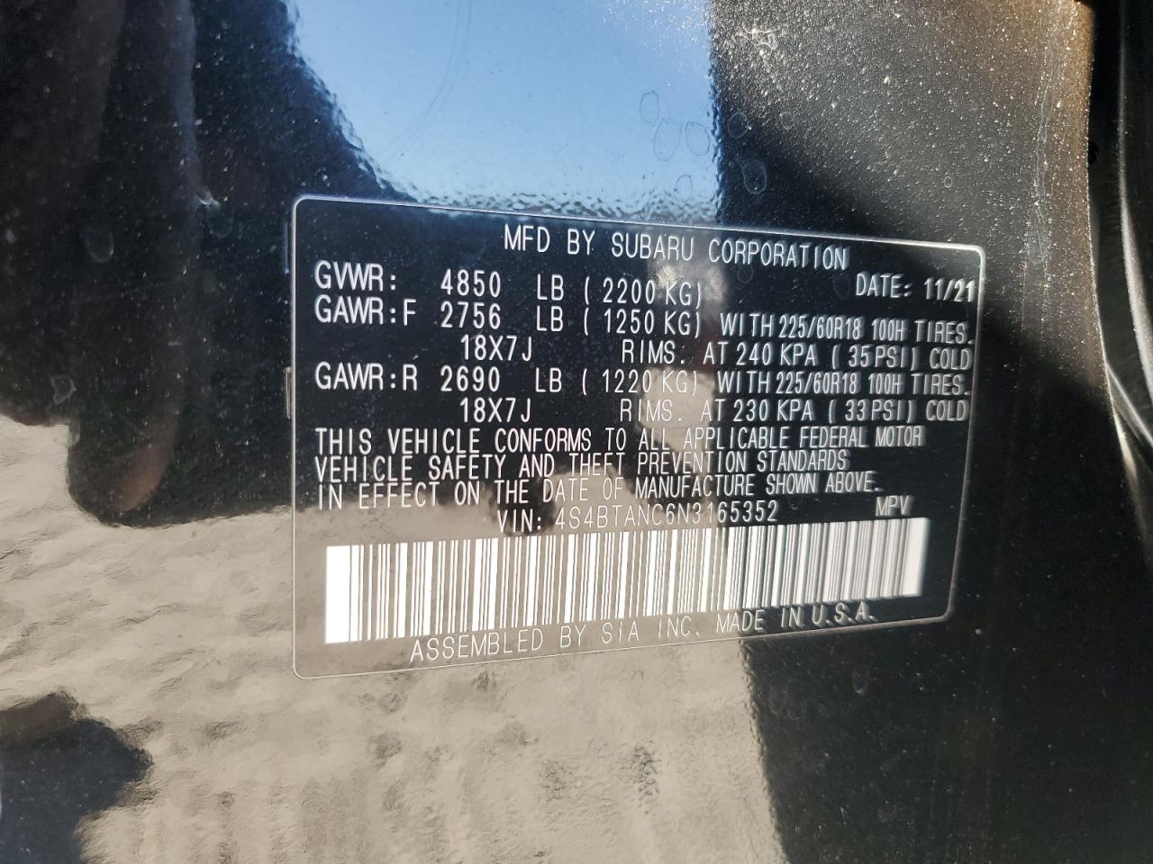 2022 SUBARU OUTBACK LIMITED VIN:4S4BTANC6N3165352