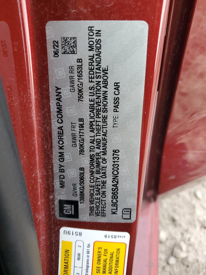 2022 CHEVROLET SPARK LS VIN:KL8CB6SA2NC031376