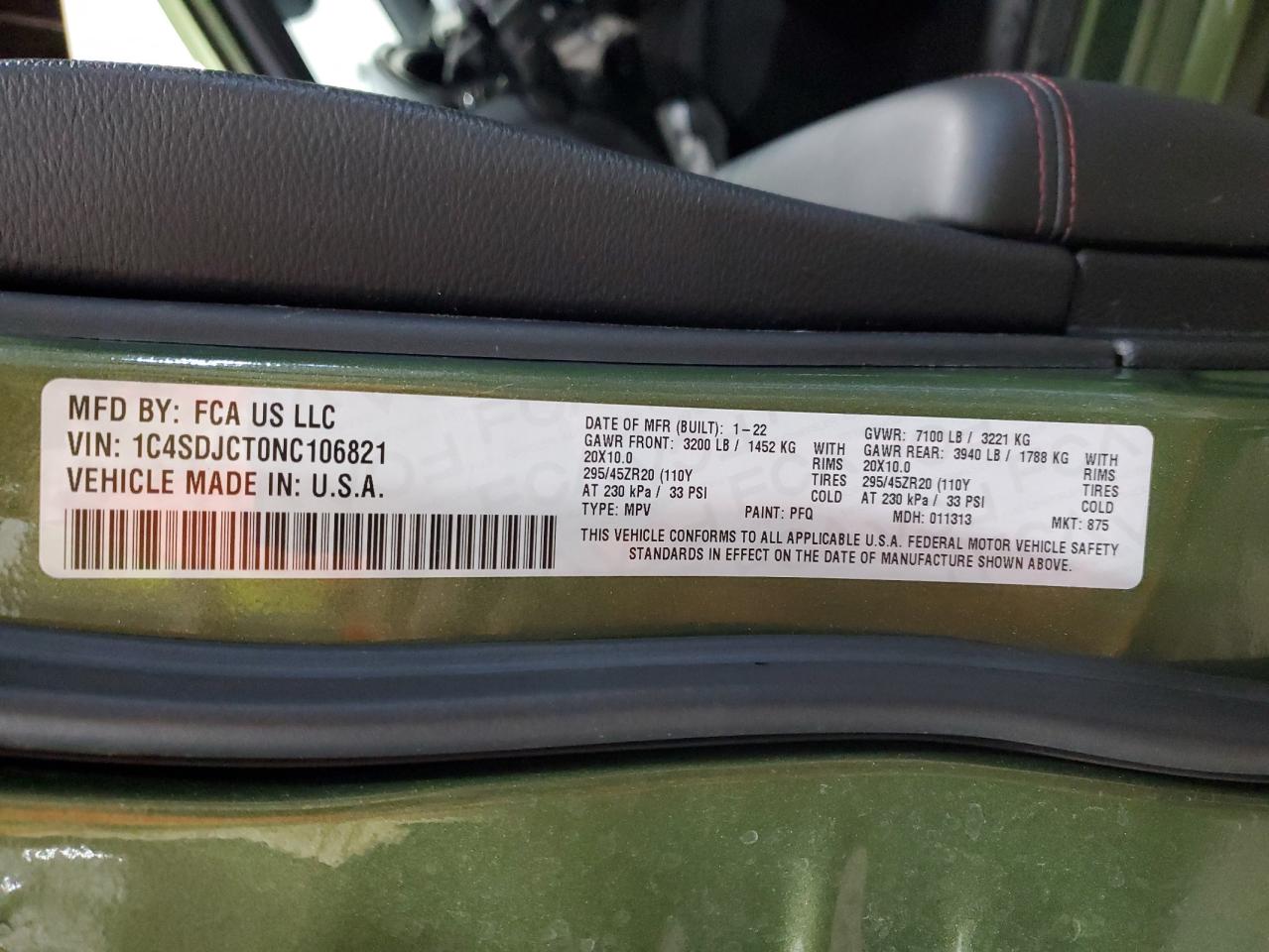 2022 DODGE DURANGO R/T VIN:1C4SDJCT0NC106821