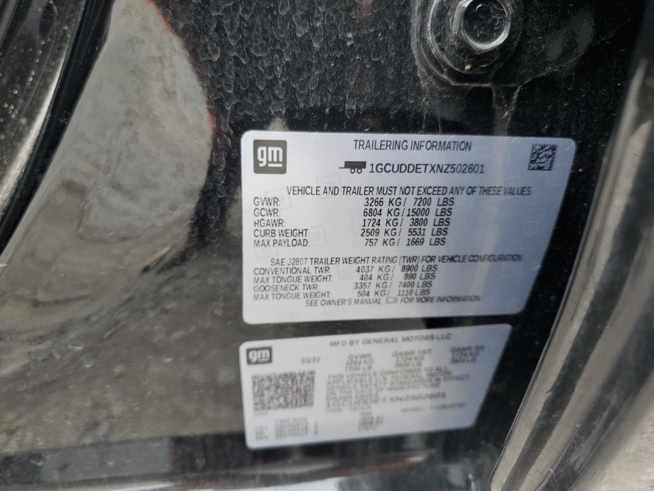 2022 CHEVROLET SILVERADO K1500 LT VIN:1GCUDDETXNZ502601