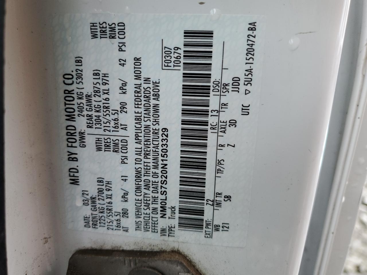 2022 FORD TRANSIT CONNECT XL VIN:NM0LS7S20N1503329