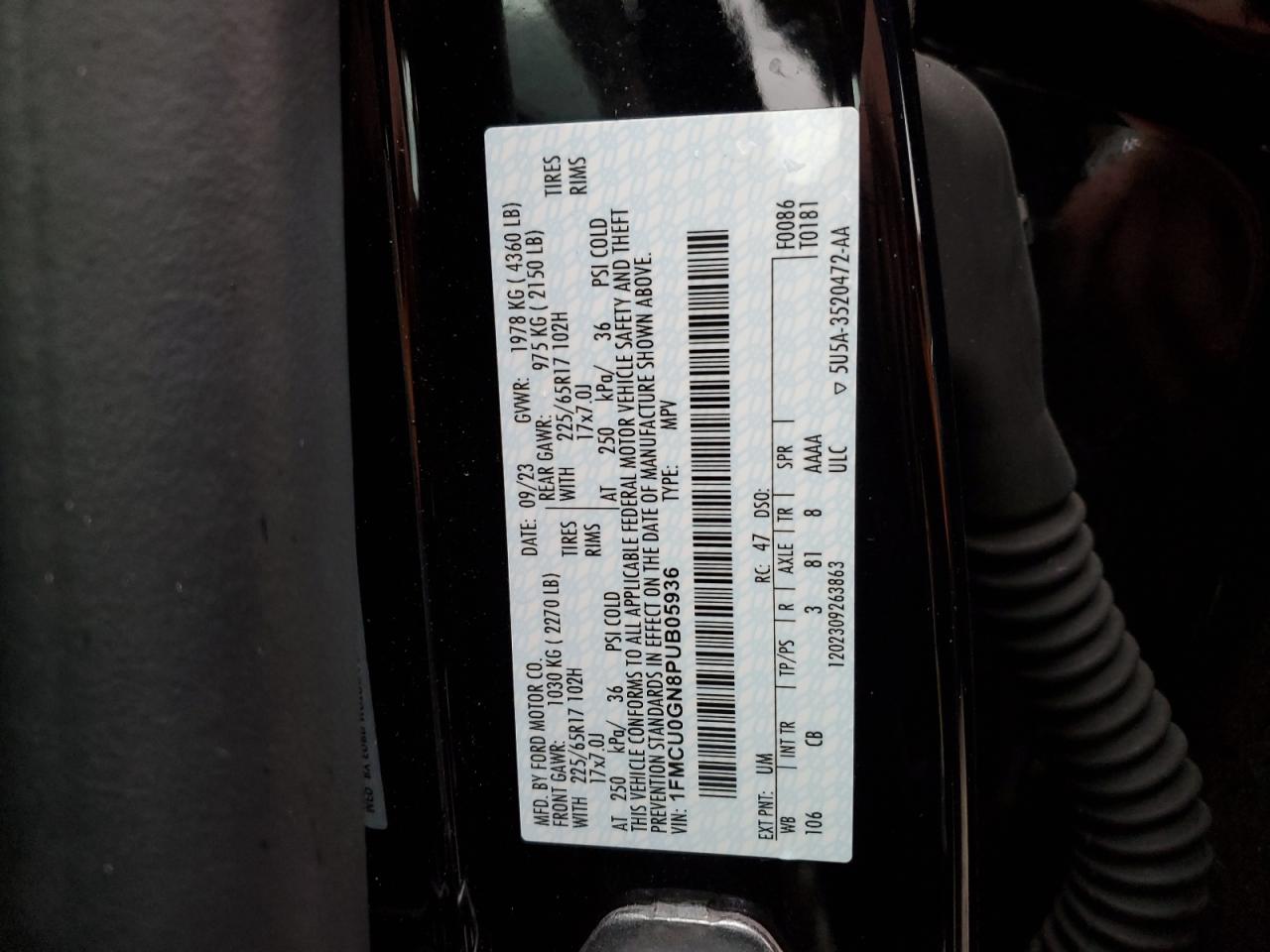 2023 FORD ESCAPE ACTIVE VIN:1FMCU0GN8PUB05936
