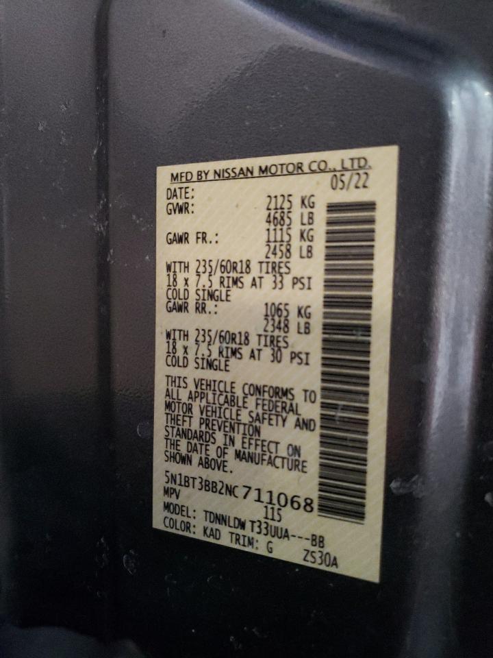 2022 NISSAN ROGUE SV VIN:5N1BT3BB2NC711068