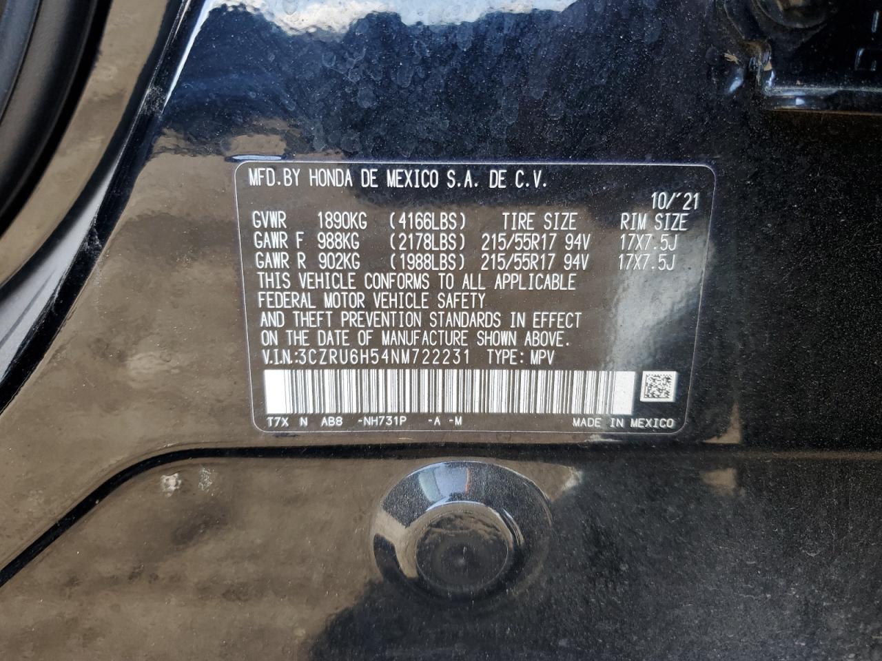 2022 HONDA HR-V EX VIN:3CZRU6H54NM722231
